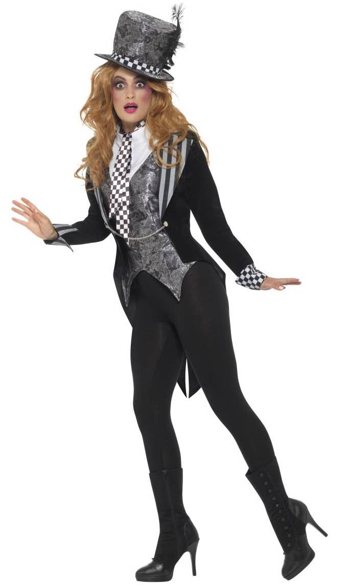 Women's Black And Silver Mad Hatter Alice In Wonderland Miss Hatter Halloween Fancy Dress Costume Side View Image