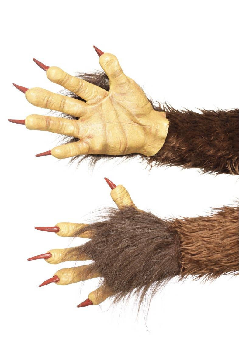 Halloween Men's Brown Beast Krampus Costume Gloves With Brown Fur And Red Claws Costume Accessory Main Image