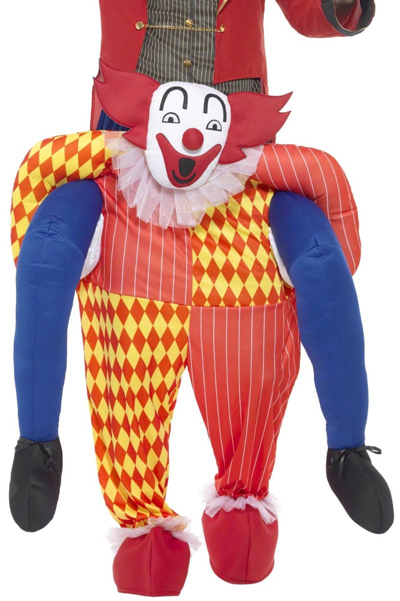 Novelty Funny Men's Orange And Yellow Circus Clown Piggyback Fancy Dress Costume Close Up Image