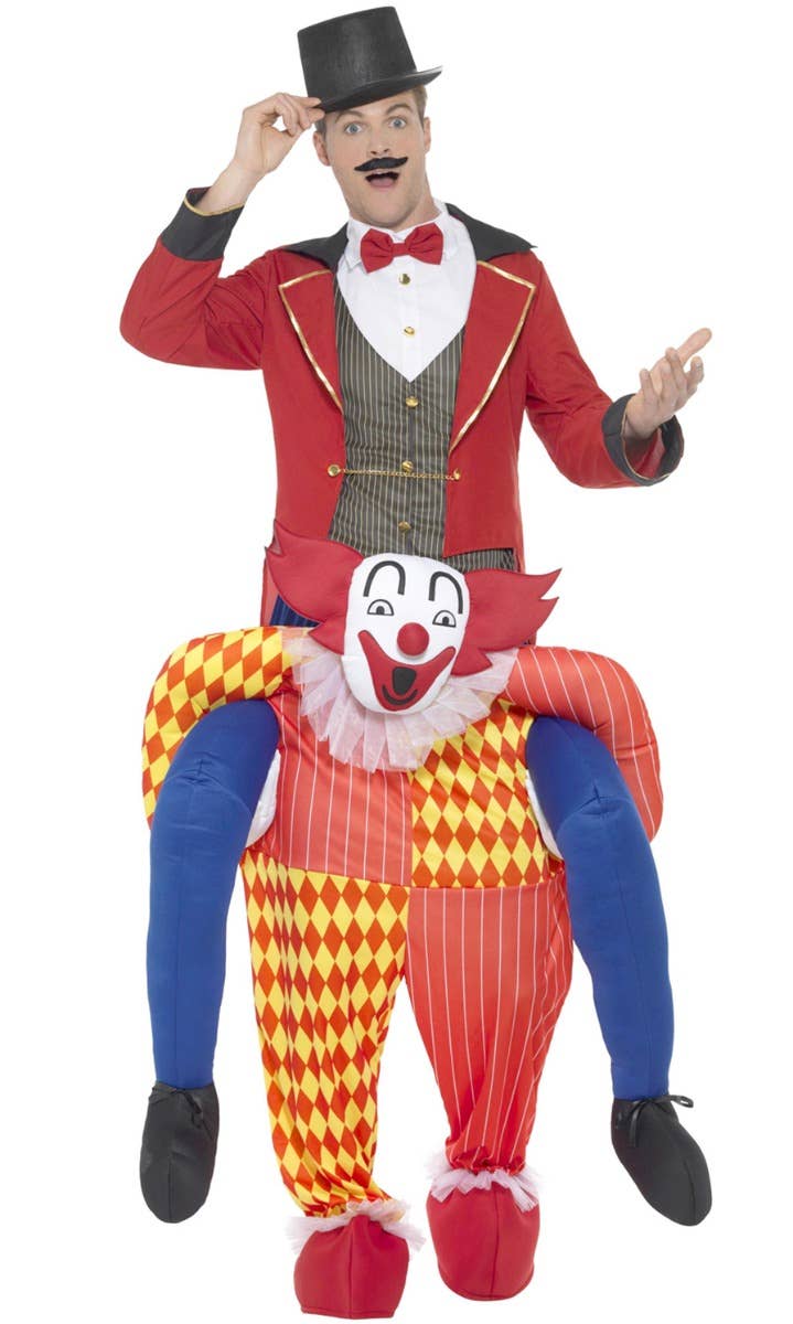 Novelty Funny Men's Orange And Yellow Circus Clown Piggyback Fancy Dress Costume Main Image