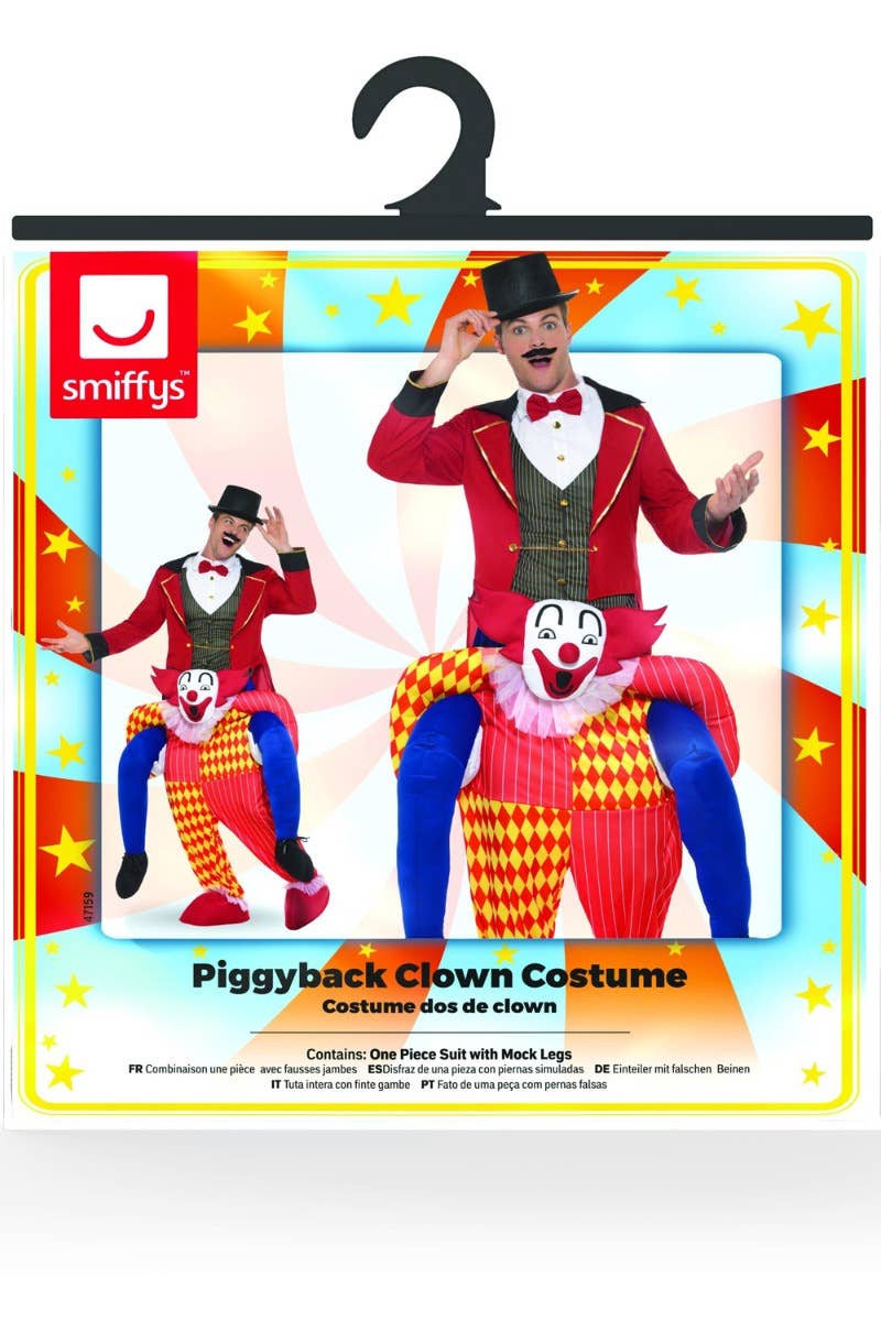 Novelty Funny Men's Orange And Yellow Circus Clown Piggyback Fancy Dress Costume Packaging Image