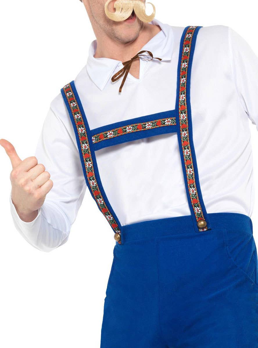 Oktoberfest Men's White and Blue Bavarian Lederhosen Fancy Dress Costume Close View