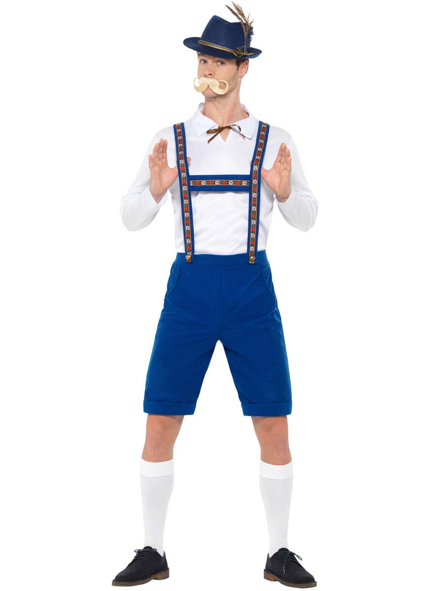 Oktoberfest Men's White and Blue Bavarian Lederhosen Fancy Dress Costume Front View 1