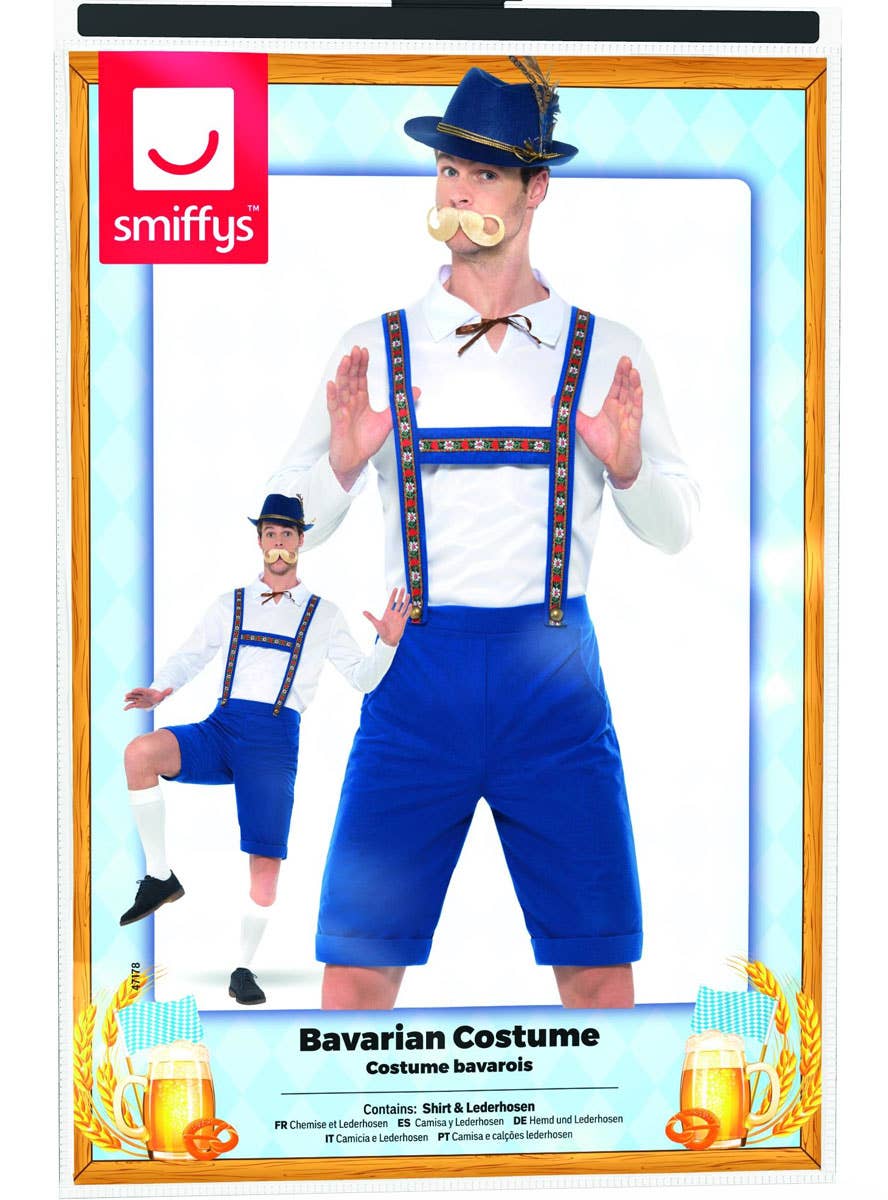 Oktoberfest Men's White and Blue Bavarian Lederhosen Fancy Dress Costume Packaging View