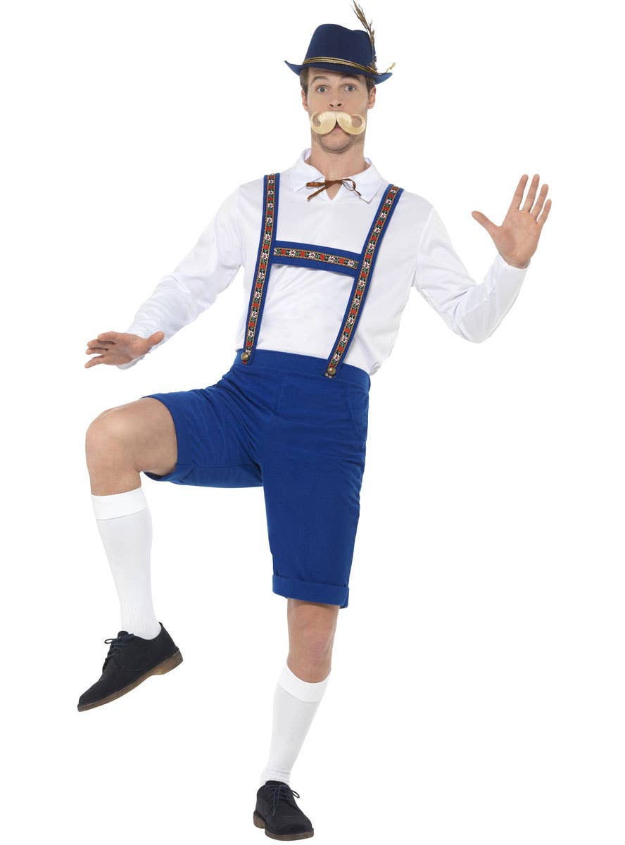 Oktoberfest Men's White and Blue Bavarian Lederhosen Fancy Dress Costume Front View 2