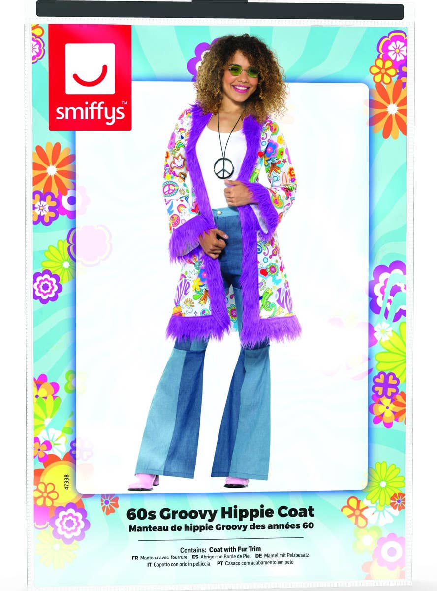 Groovy Print Womens Purple Fur Trim Coat Hippie Clothes - Packaging Image