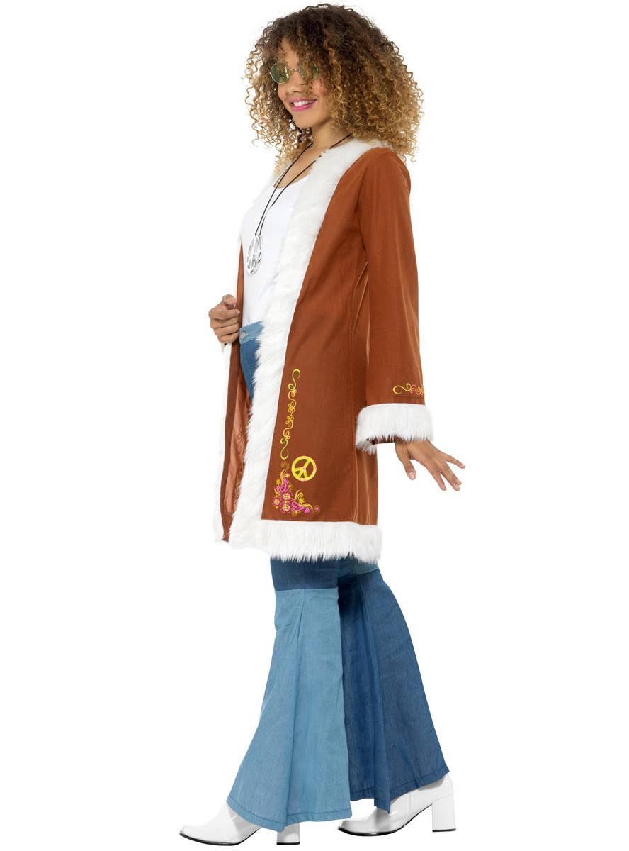 Fur Trim Women's Brown 70's Coat Side Image