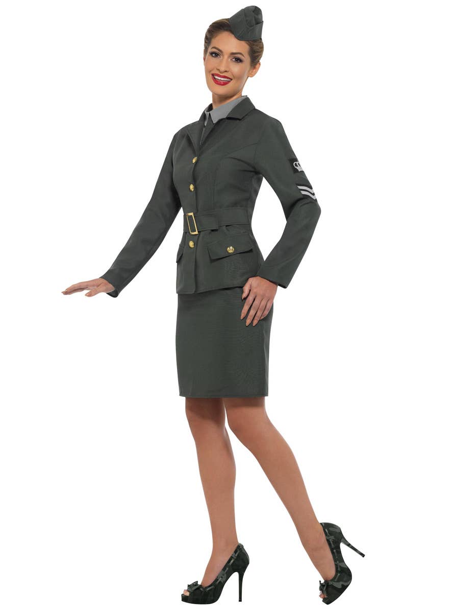 Women's Green WW2 Army Uniform Costume Side Image