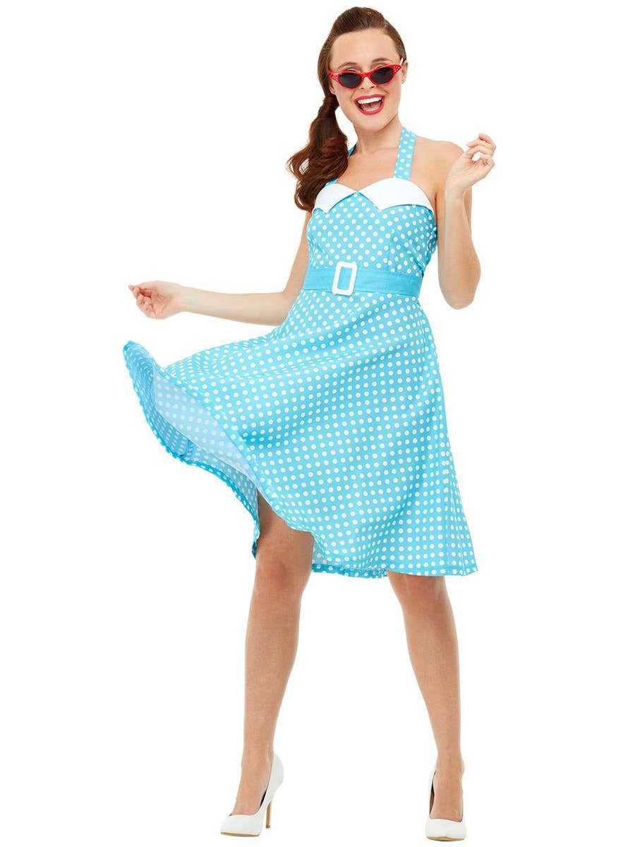 Blue Polka Dot Womens Pin Up 50s Dress Up Costume - Alternate Front Image