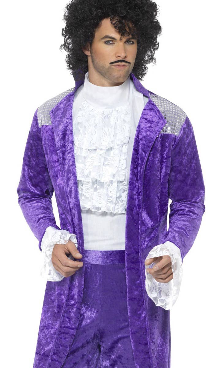 Men's Purple 1980's Musician Prince Fancy Dress Costume Close - Front Image