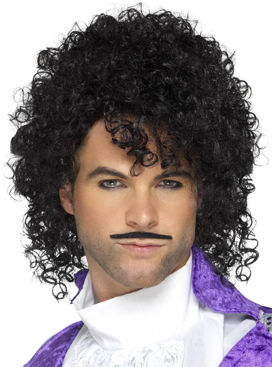 Mens Curly Black Prince Costume Wig | Black 1980s Mullet Wig