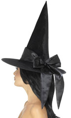 Women's Deluxe Black Velvet Witch Hat with Large Black Satin Bow