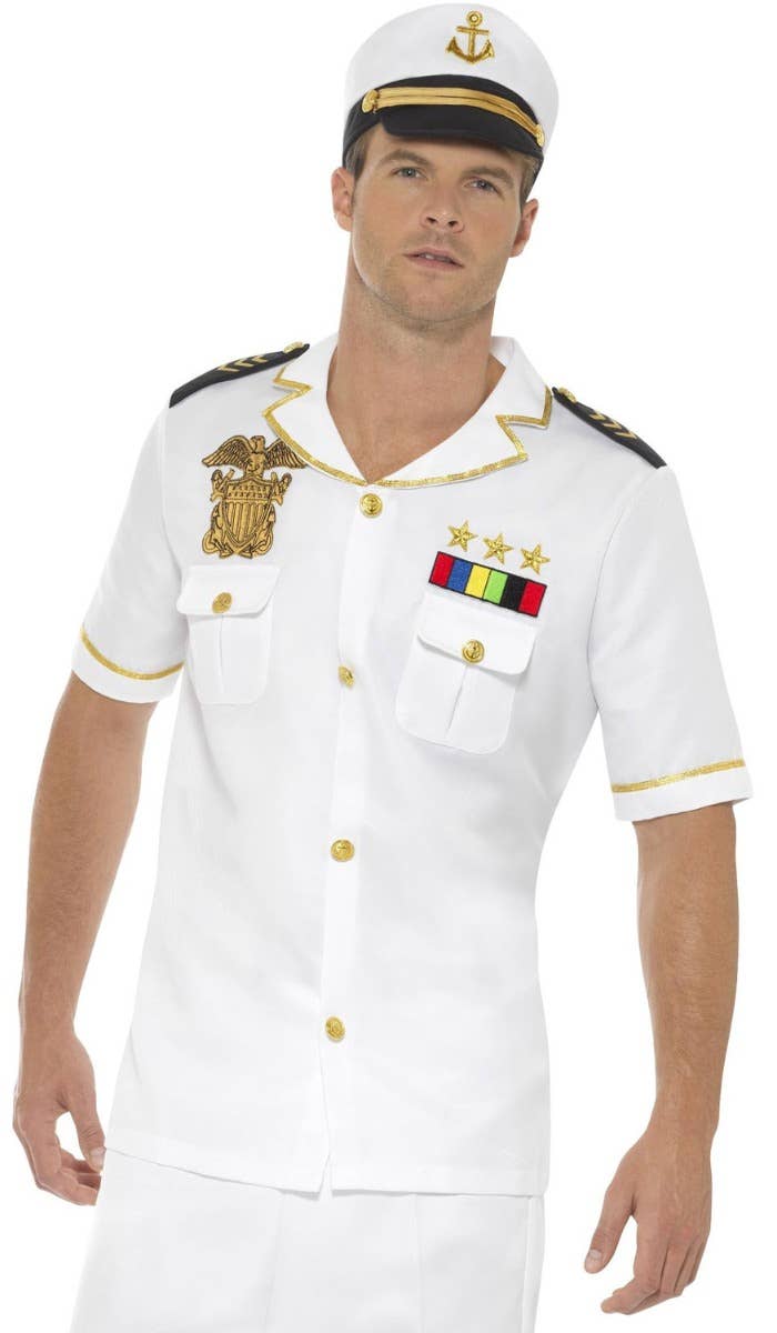 Ship Captain Men's White Uniform Dress Up Costume - Close Front