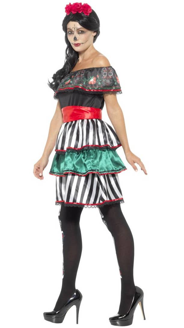 Women's Black And White Day Of The Dead Halloween Fancy Dress Costume Side Image