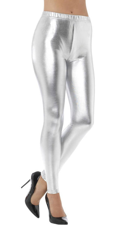 Women's 1970's 1980's Disco Stretch Metallic Silver Full Length Leggings Tights Costume Accessory Main Image