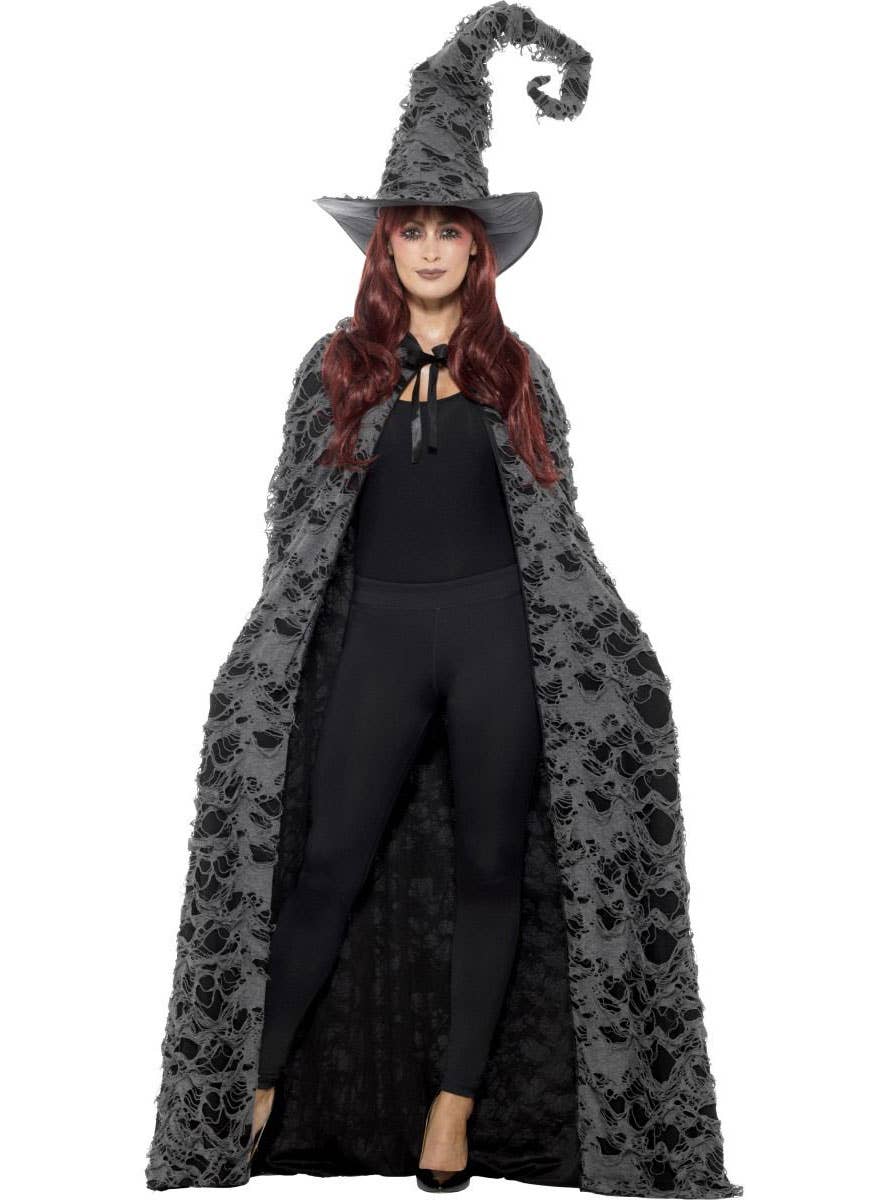 Deluxe Black and Grey Tattered Spellcaster Halloween Costume Cape for Adults - Alternative Image