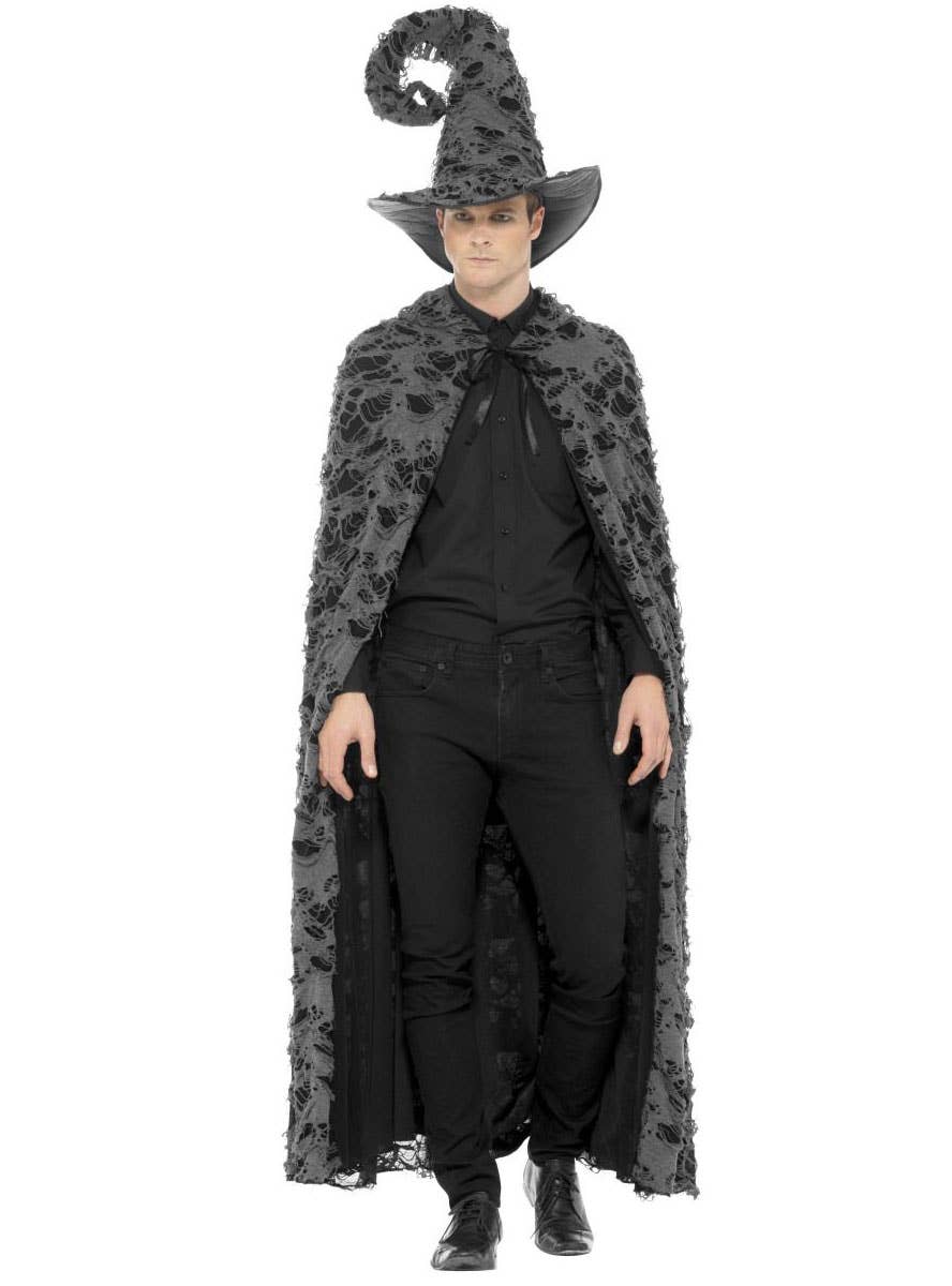 Deluxe Black and Grey Tattered Spellcaster Halloween Costume Cape for Adults - Main Image
