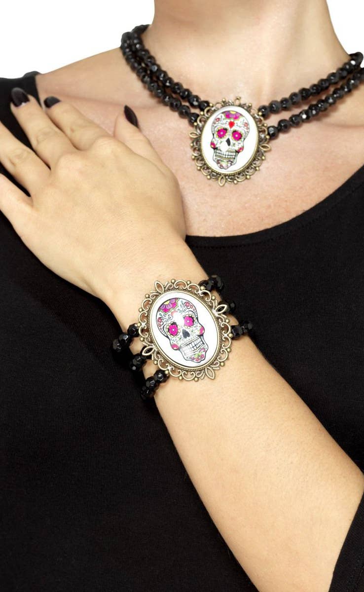 Image of Day of the Dead Beaded Sugar Skull Bracelet