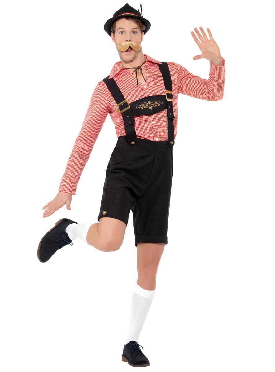 Bavarian Oktoberfest Men's Red and Black Faux Suede Beer Fest Lederhosen Fancy Dress Costume Front View 3