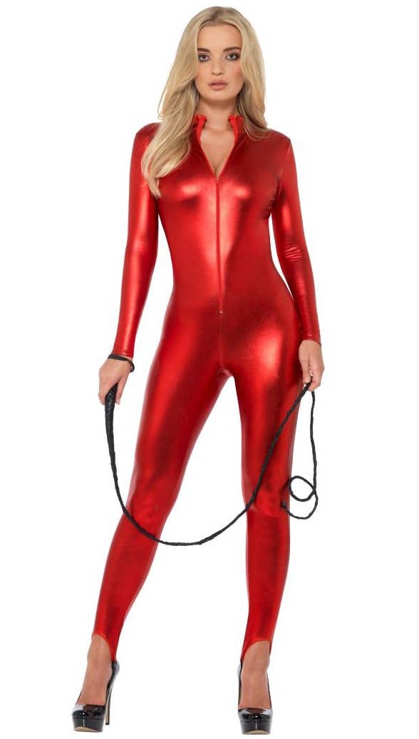Slinky Sexy Red Catsuit Women's Costume Alt Front Image