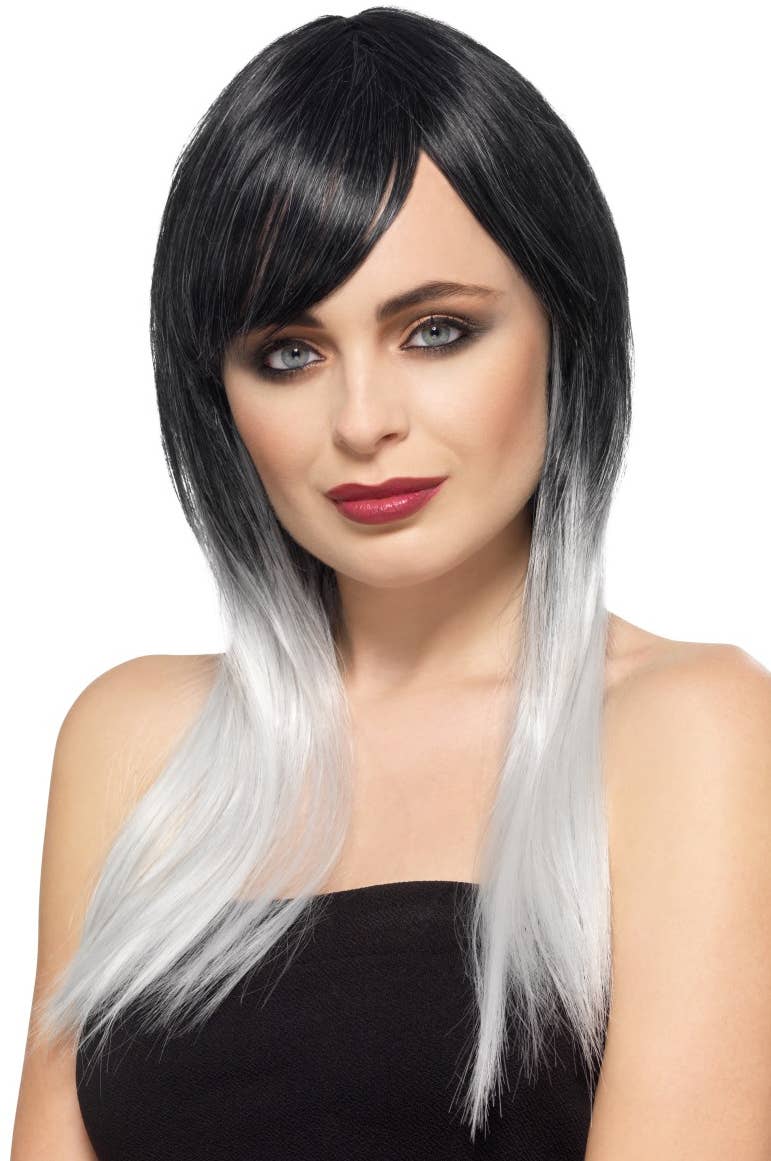 Women's Long Black and White Heat Resistant Deluxe Ombre Wig Main Image