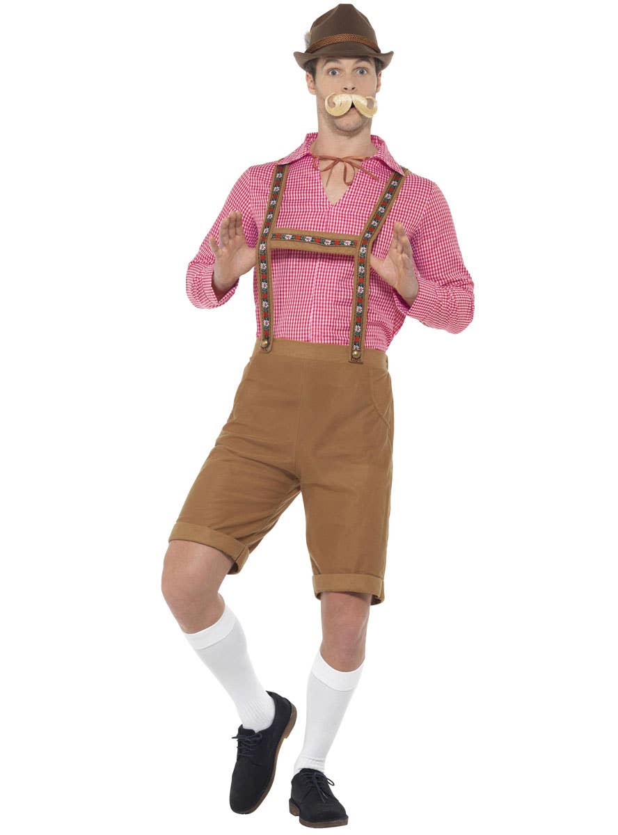 Oktoberfest Men's Mr Bavarian Red and Brown Faux Suede Lederhosen Fancy Dress Costume Front View 1