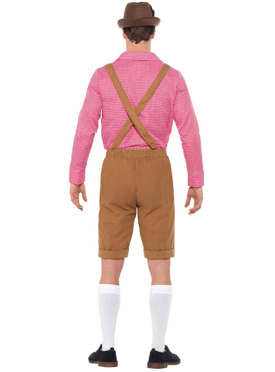 Oktoberfest Men's Mr Bavarian Red and Brown Faux Suede Lederhosen Fancy Dress Costume Back View