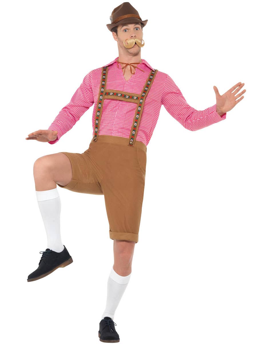 Oktoberfest Men's Mr Bavarian Red and Brown Faux Suede Lederhosen Fancy Dress Costume Front View 2