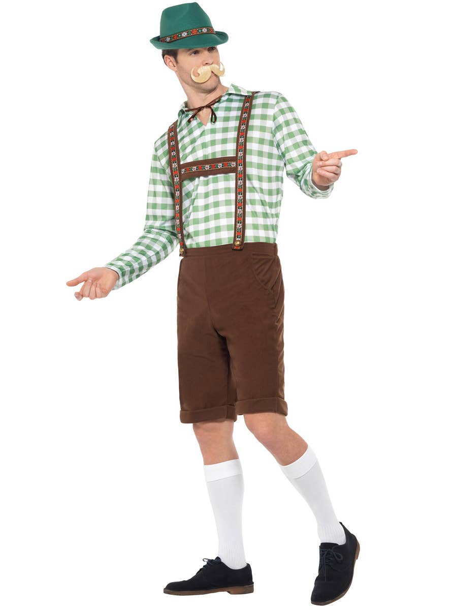Men's Alpine Bavarian Green and Brown Lederhosen Oktoberfest Fancy Dress German Costume - Alt View 2 