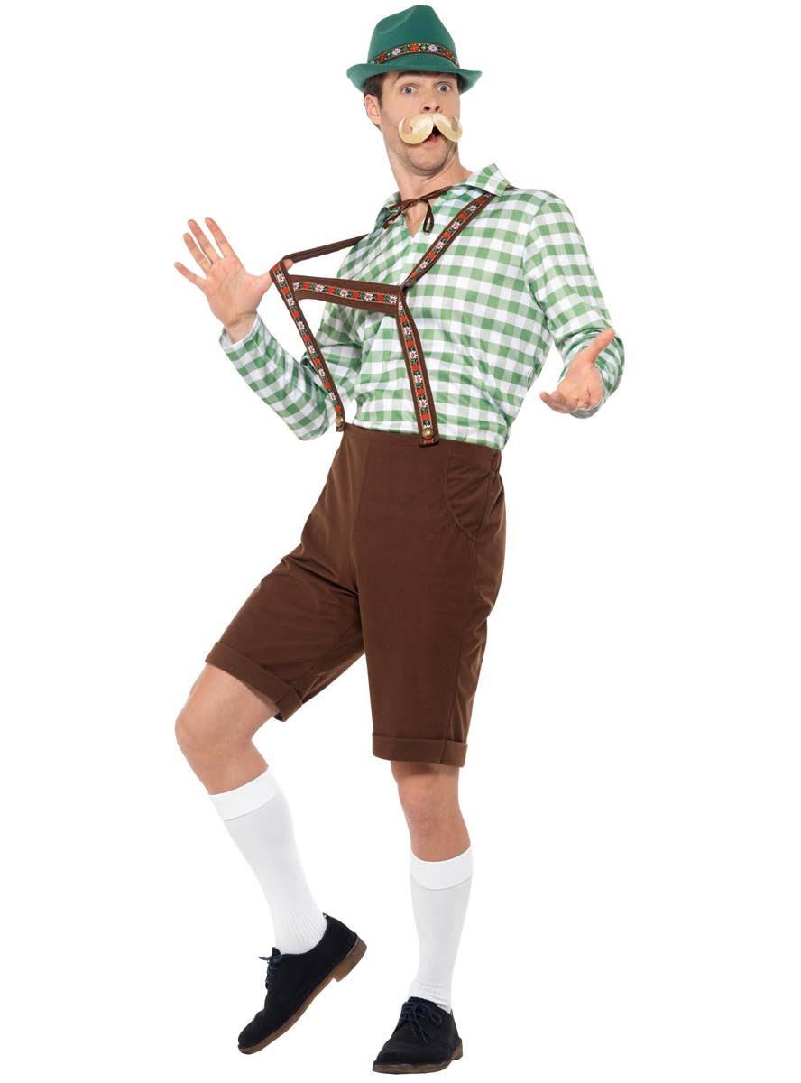 Men's Alpine Bavarian Green and Brown Lederhosen Oktoberfest Fancy Dress German Costume - Alt View