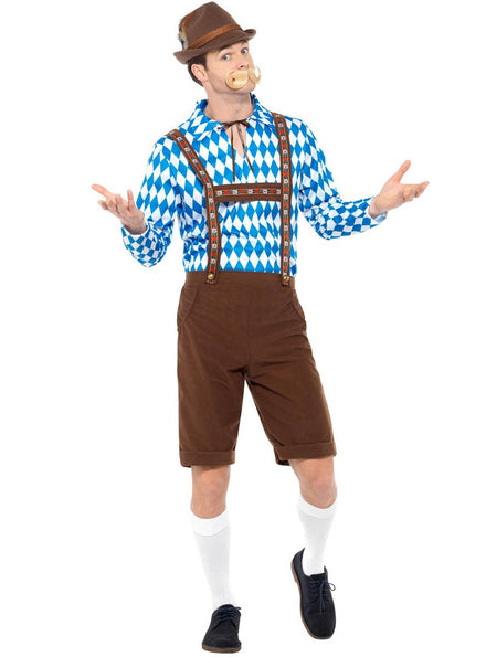 Men's Beer Man Brown Lederhosen Fancy Dress Costume Front Image