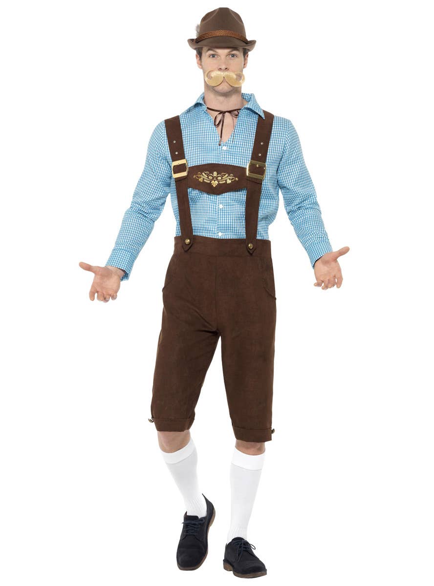 Oktoberfest Men's Blue and Brown Faux Suede Bavarian Beer Guy Lederhosen Fancy Dress Costume Front View 2