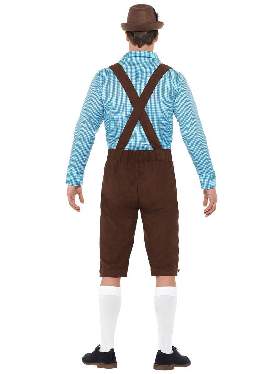 Oktoberfest Men's Blue and Brown Faux Suede Bavarian Beer Guy Lederhosen Fancy Dress Costume Back View