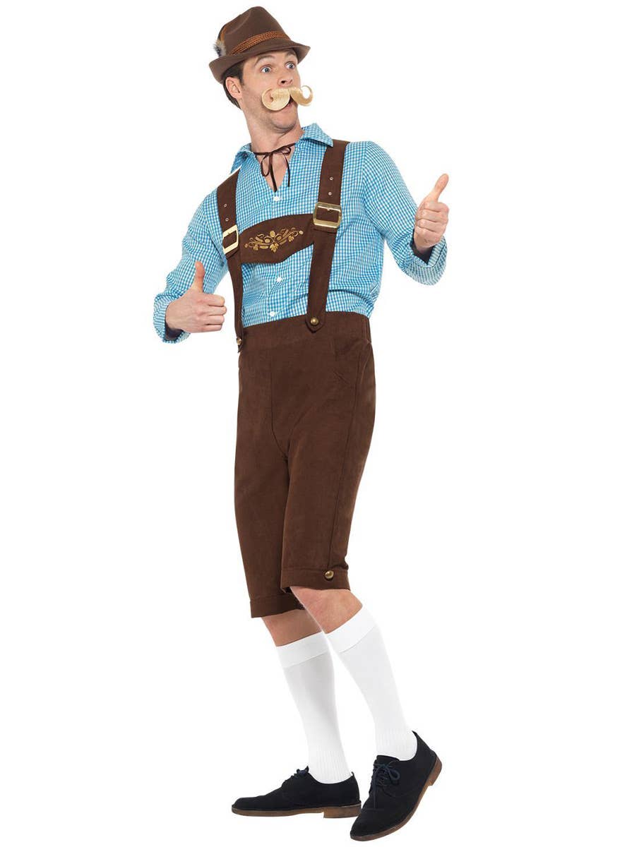 Oktoberfest Men's Blue and Brown Faux Suede Bavarian Beer Guy Lederhosen Fancy Dress Costume Front View 3