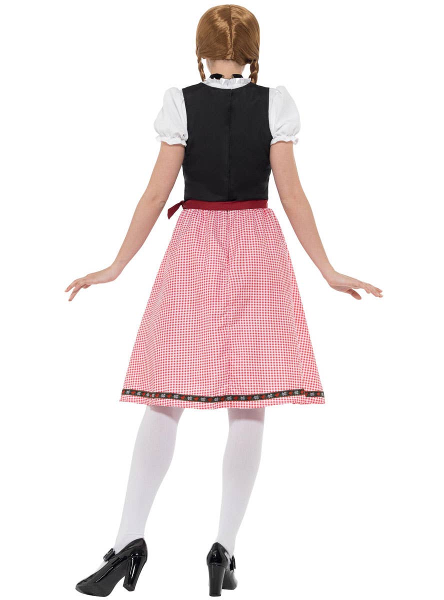 Women's Red Chequered Bavarian Tavern Maid Oktoberfest Fancy Dress Costume Front Back View