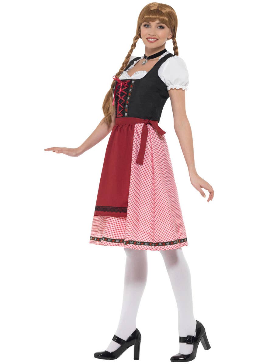 Women's Red Chequered Bavarian Tavern Maid Oktoberfest Fancy Dress Costume Front Side View