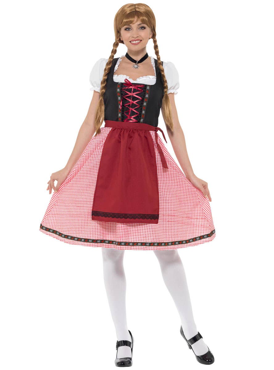 Women's Red Chequered Bavarian Tavern Maid Oktoberfest Fancy Dress Costume Front View 2