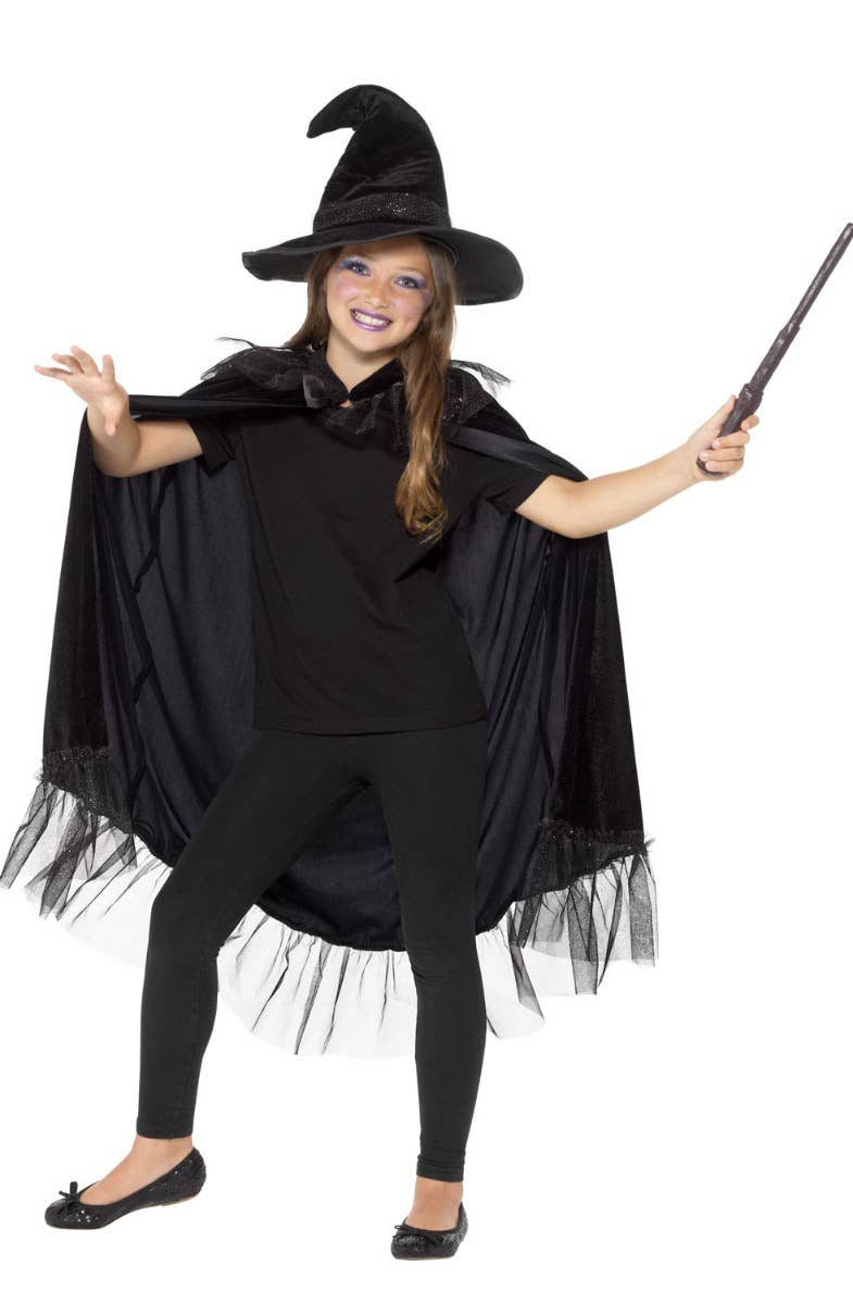 Girls Sparkly Witch Halloween Cape and Hat Costume Accessory Kit Front Image