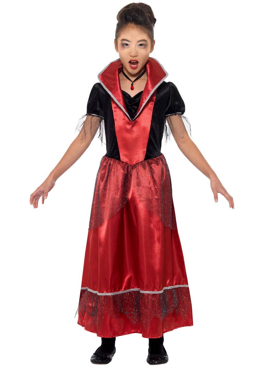 Girls Red and Black Vampire Princess Halloween Fancy Dress Costume Front Image