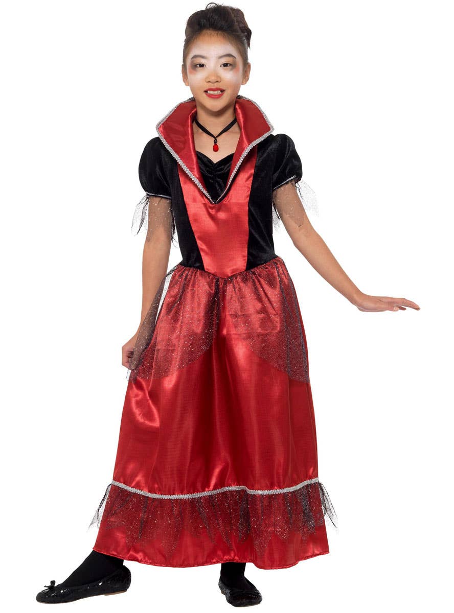 Girls Red and Black Vampire Princess Halloween Fancy Dress Costume Alternate Front Image