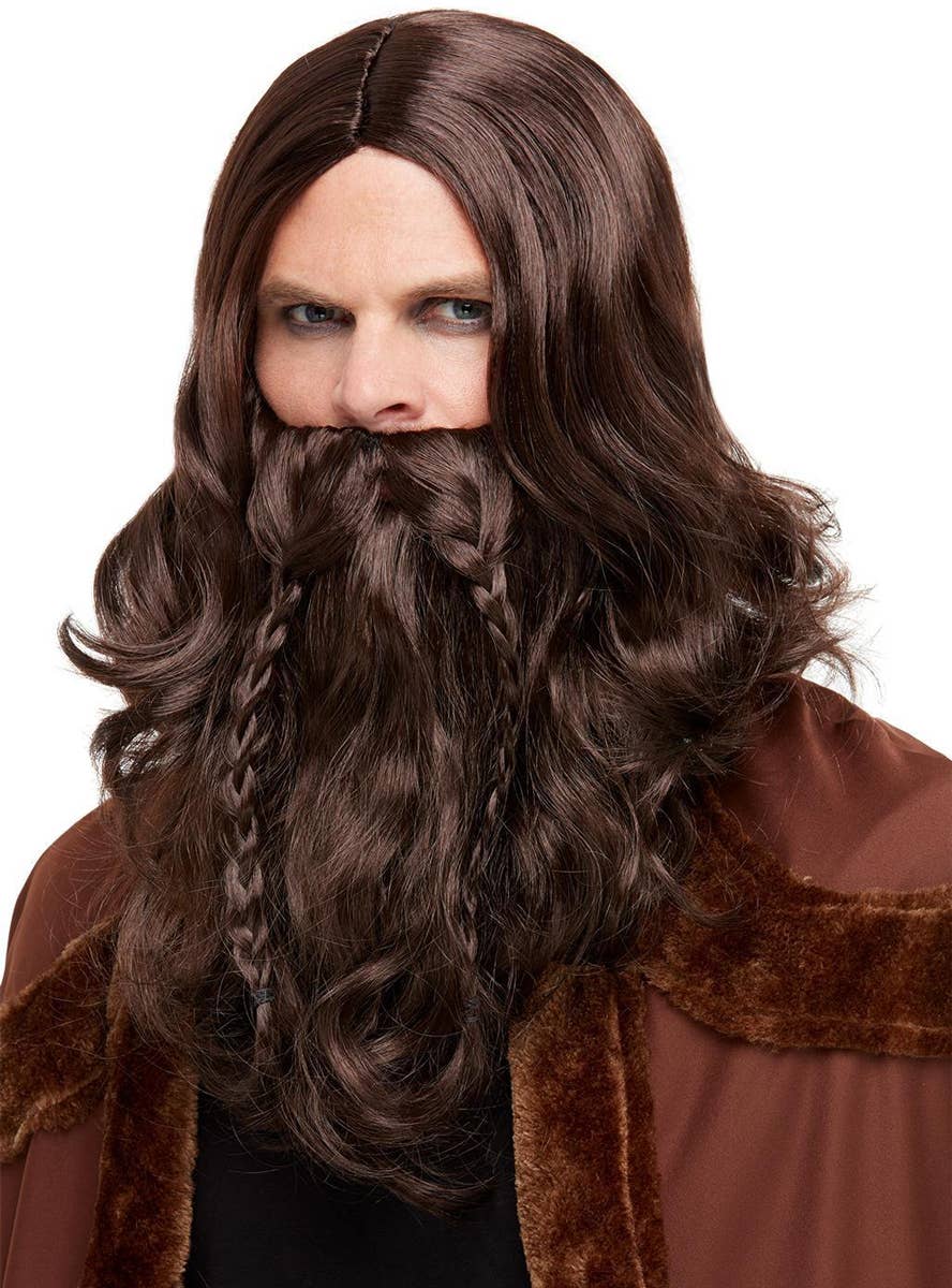 Viking Wig and Beard | Mens Long Brown Viking Costume Wig Set