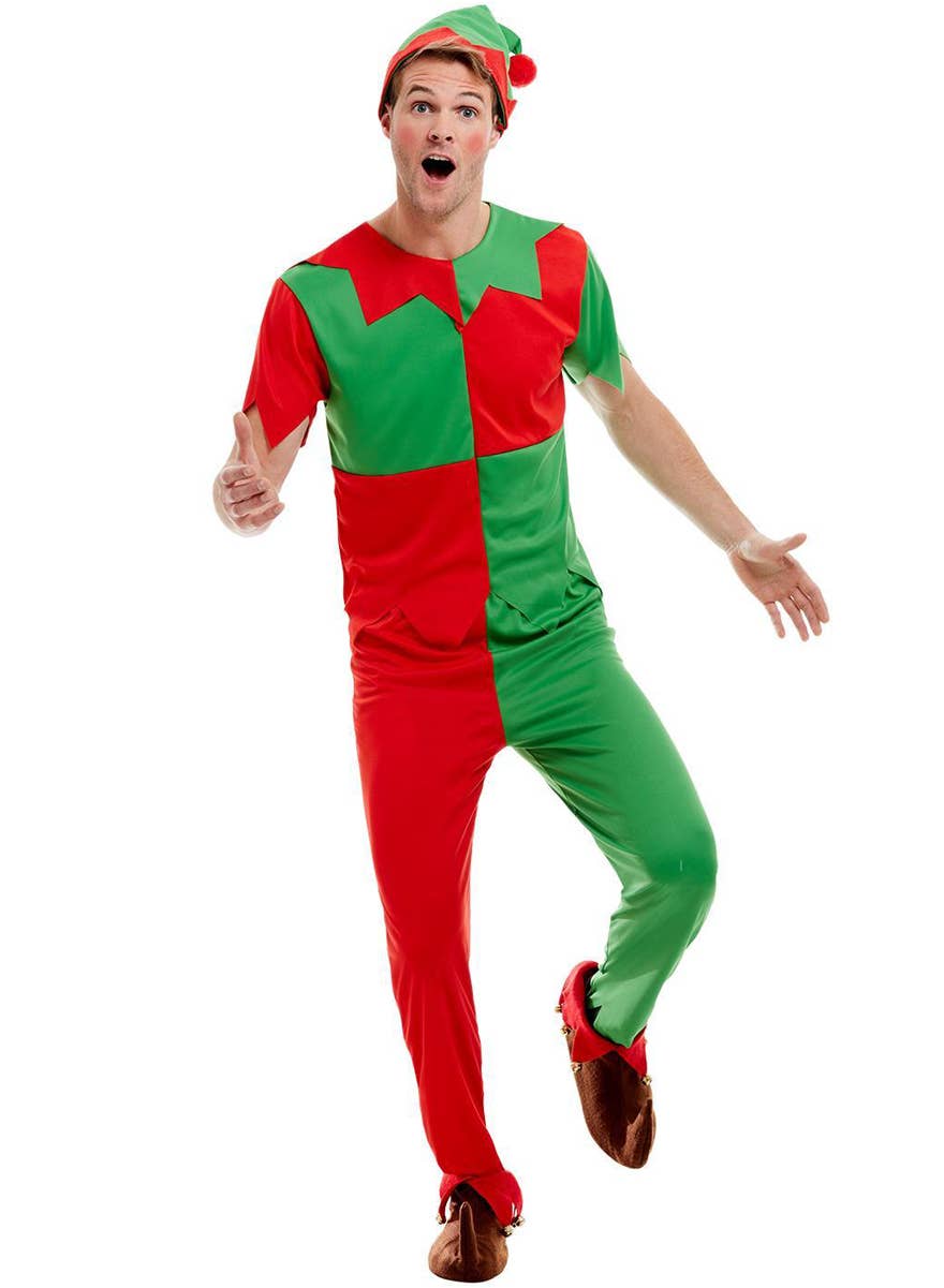 Red and Green Split Colour Christmas Elf Adult's Costume - Alternative Image