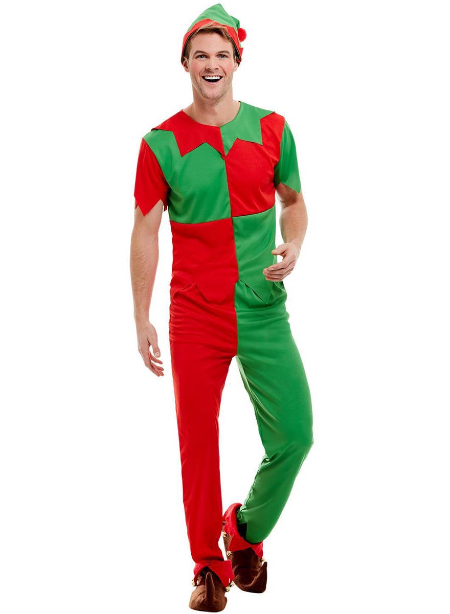 Red and Green Split Colour Christmas Elf Adult's Costume - Main Image
