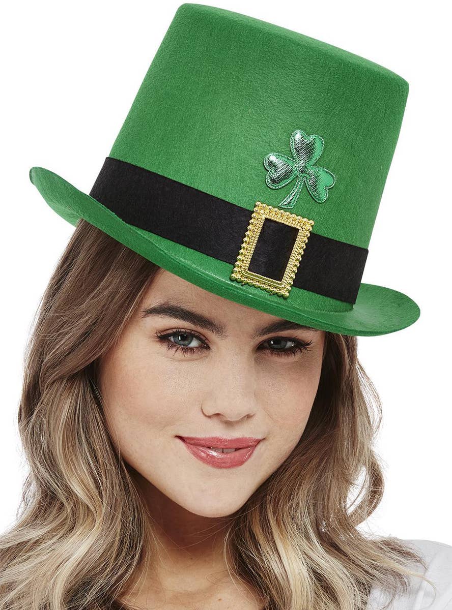 Tall Green St Pats Day Top Hat with Green Clover