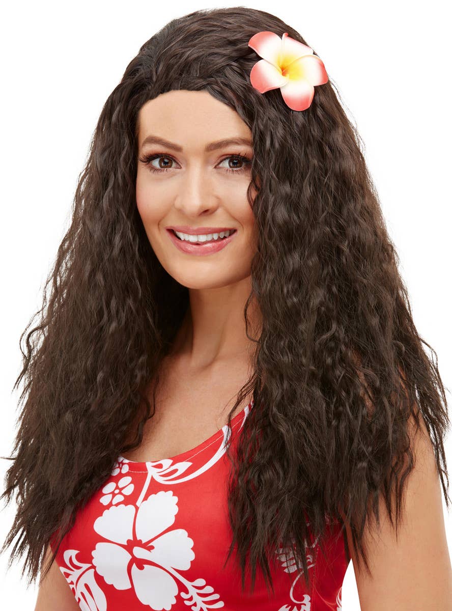 Women's Long Curly Brown Hawaiian Costume Wig with Frangipani Flower