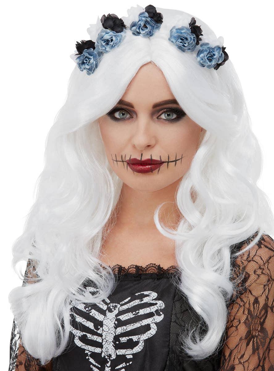 Curly White Day of the Dead Costume Wig with Blue Flowers