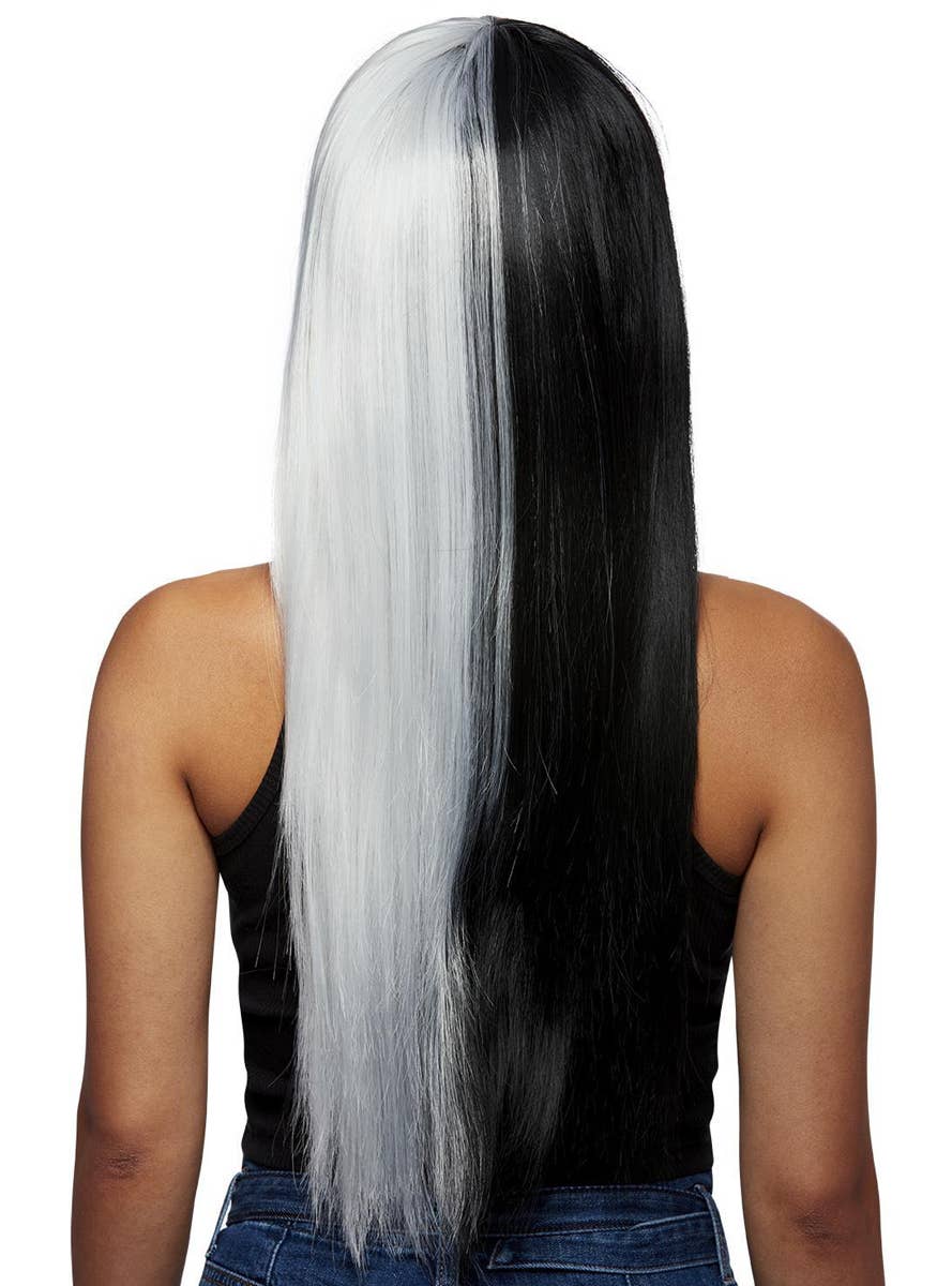 Womens Long Half Black Half Silver Manic Panic Heat Resistant Costume Wig with Fringe - Back Image