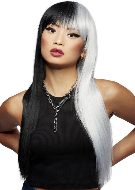 Womens Long Half Black Half Silver Manic Panic Heat Resistant Costume Wig with Fringe - Main Image