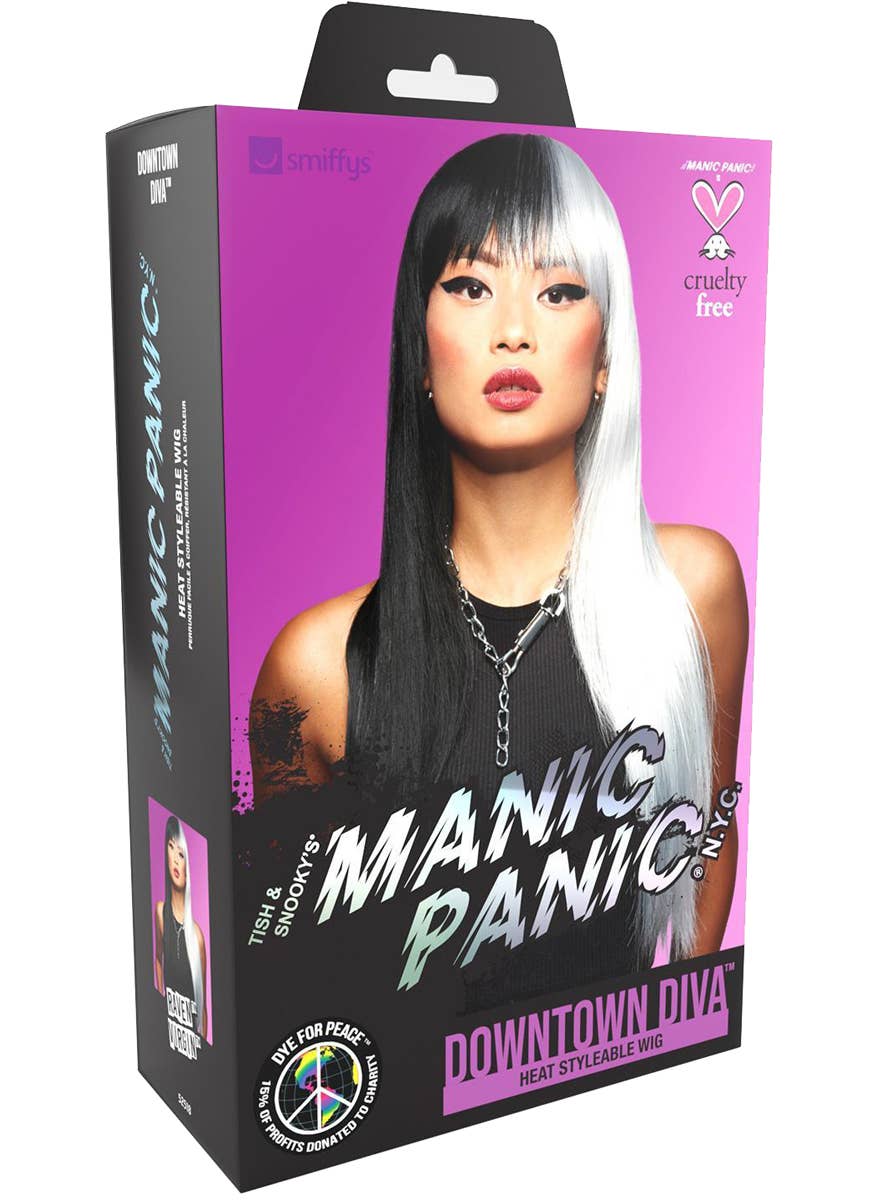 Womens Long Half Black Half Silver Manic Panic Heat Resistant Costume Wig with Fringe - Packaging Image