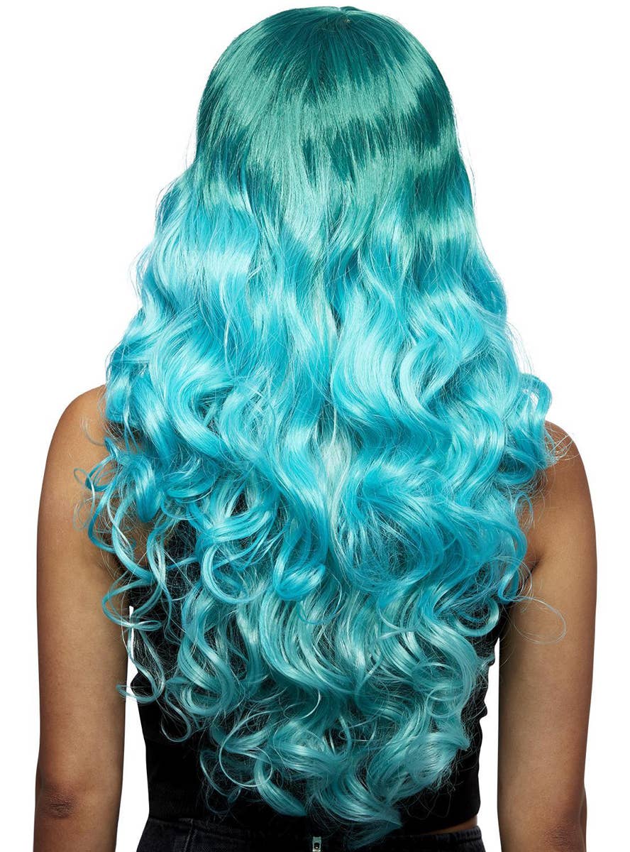 Womens Long Curly Blue Ombre Manic Panic Heat Resistant Costume Wig with Fringe - Back Image